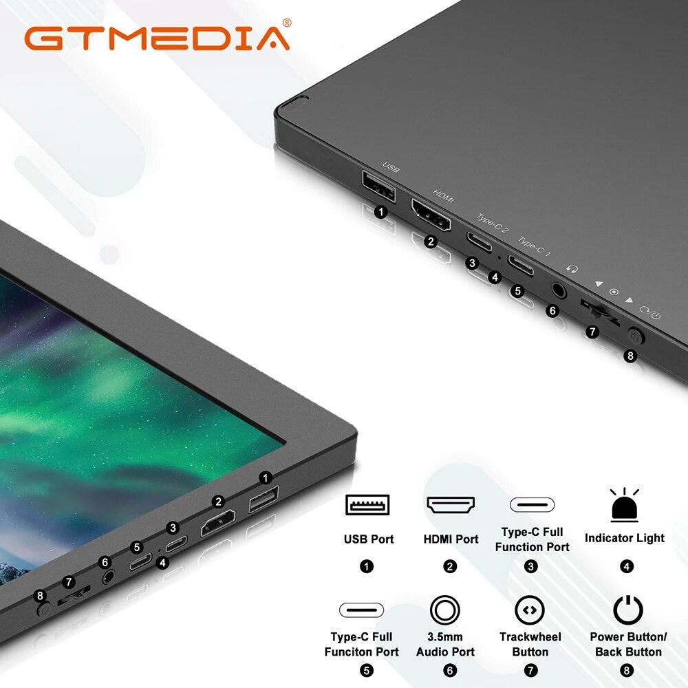 GTMedia mate X 17.3 inch FHD 1920*1080 IPS HD screen Two Type-C ports Support multiple OSD languages and smartphones/computers