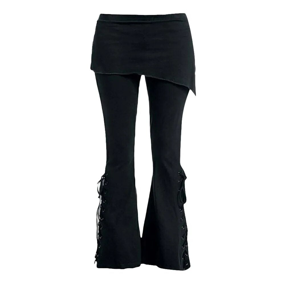 Women Black Embroidered Casual Bandage Flares Punk Lace Up Bell Bottom