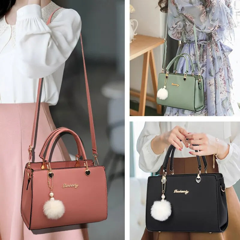 Women Plush Ball Decor Handbag Fashion Satchel Bag Stylish Purse and Tote Bag PU Leather Top Handle Shoulder Bags