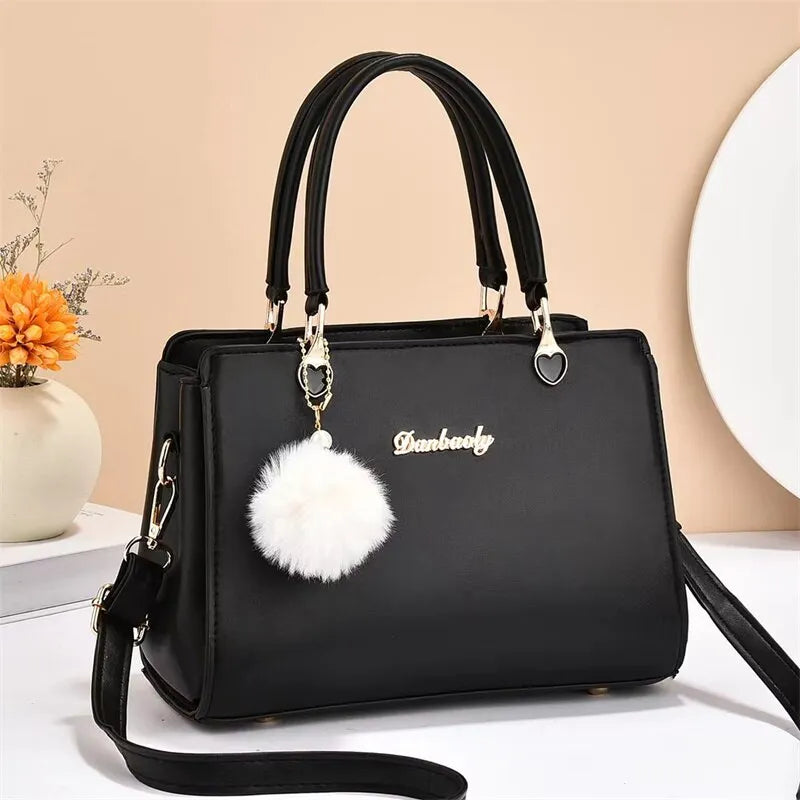Women Plush Ball Decor Handbag Fashion Satchel Bag Stylish Purse and Tote Bag PU Leather Top Handle Shoulder Bags