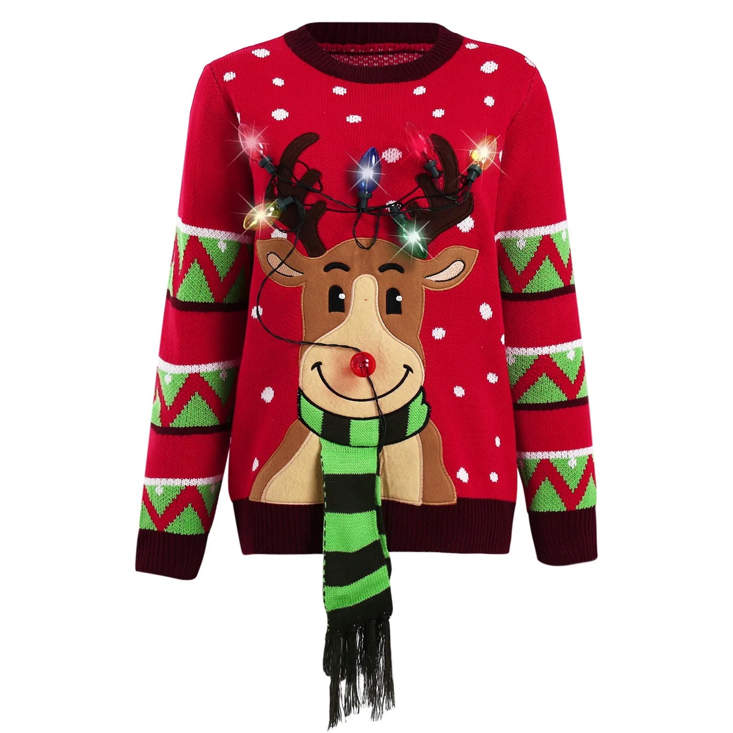 Women LED Light Up Sweater Christmas Cartoon Reindeer Elk Knit Pullover Ugly Sweater