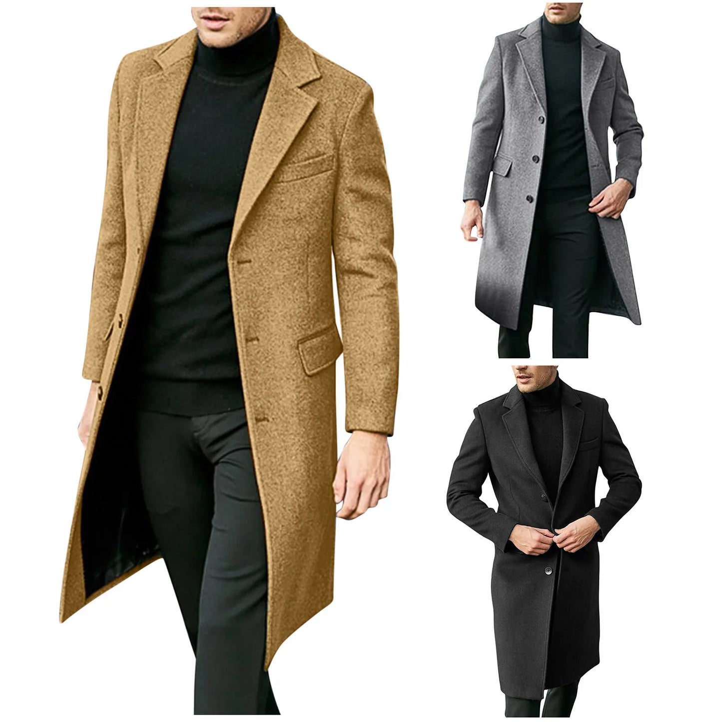 Mens coats Long Trench Coat woolen Solid Color Mid-Length Windproof