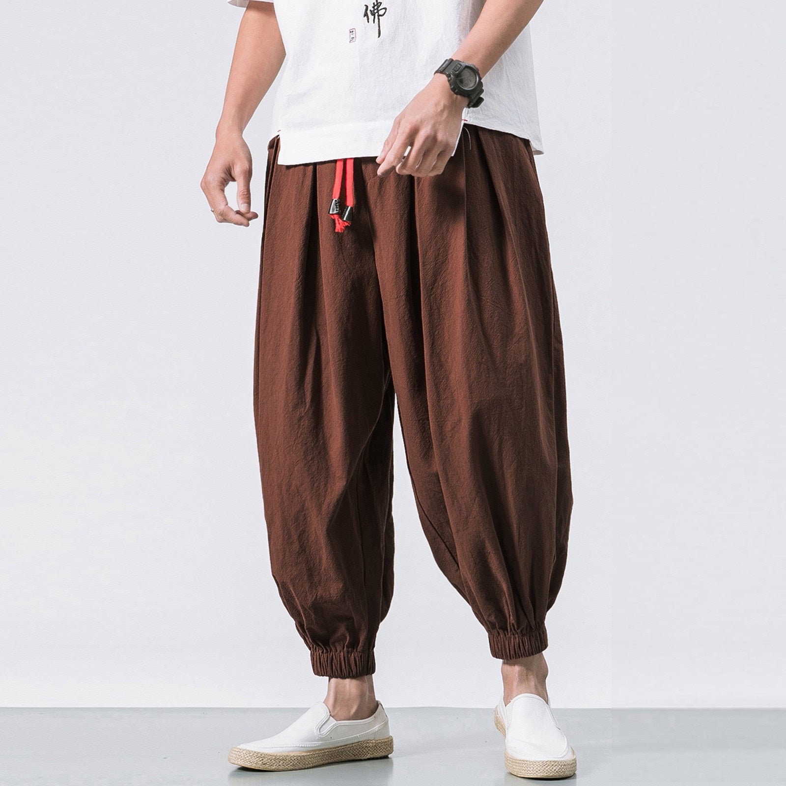 Men's Fashion Cotton Linen Casual Solid Colors Loose Trousers Elastic Waist - atozdepot23