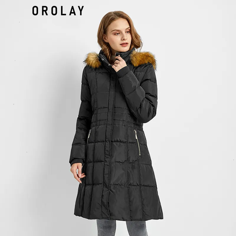 Women's Orolay Windproof Down Coat Winter Casual Coat with Faux Fur Trim Hood Puffer Jacket