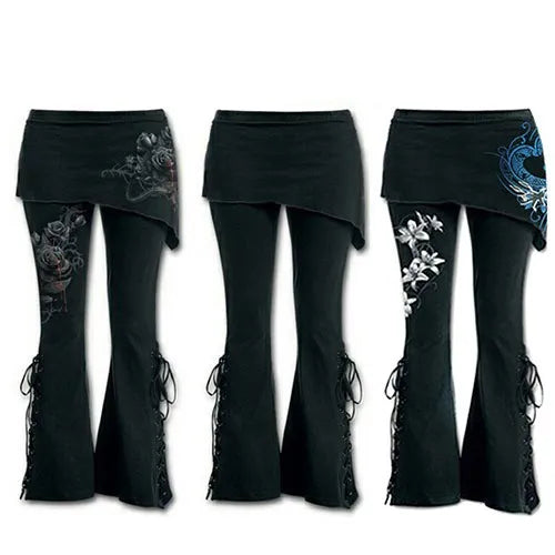 Women Black Embroidered Casual Bandage Flares Punk Lace Up Bell Bottom