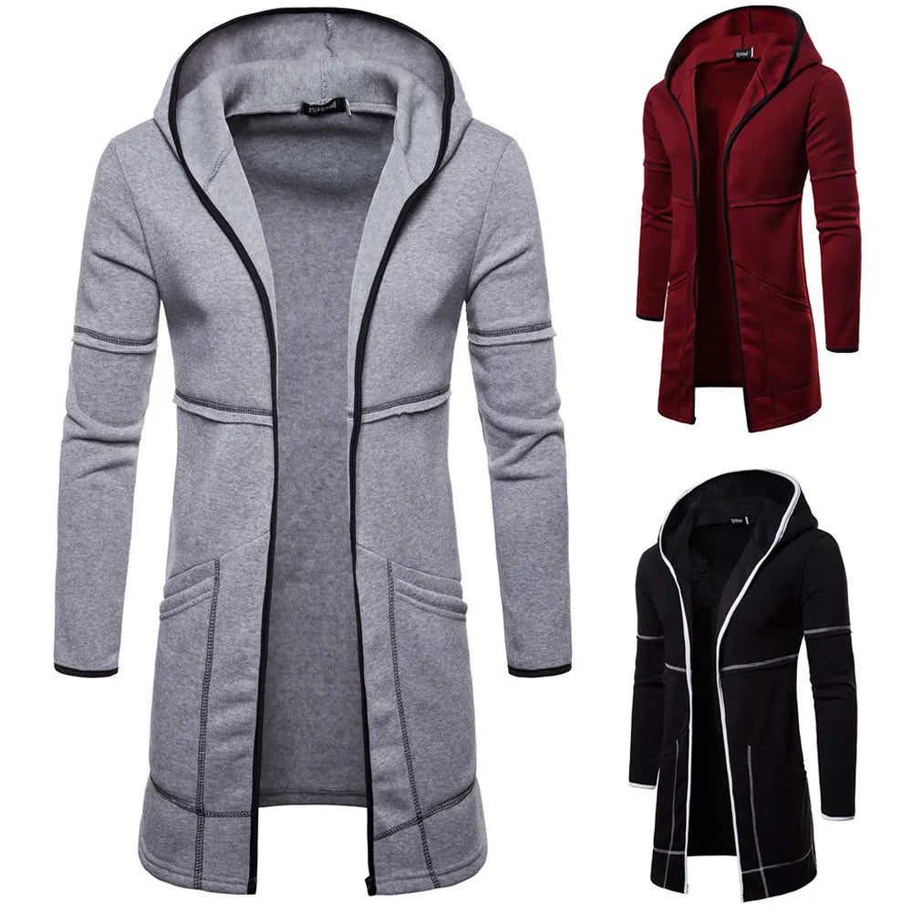 Mens Hooded Solid Tops Trench Coat Jacket Cardigan Long Sleeve
