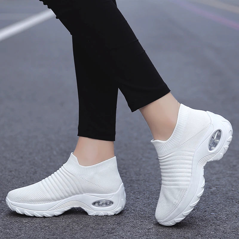 Women's Casual Sports Socks Sneakers Fashionable Thick Sole Air Cushion, Elevated Sloping Heel Rocking Shoes
