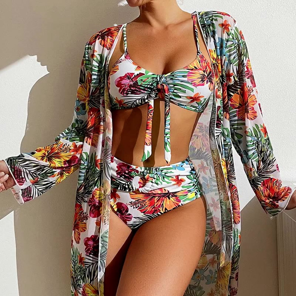 Women's 3 Piece High Waisted Bikini Floral Printed Swimsuit W/Mesh Long-Sleeved Blouse 2023 New - atozdepot23